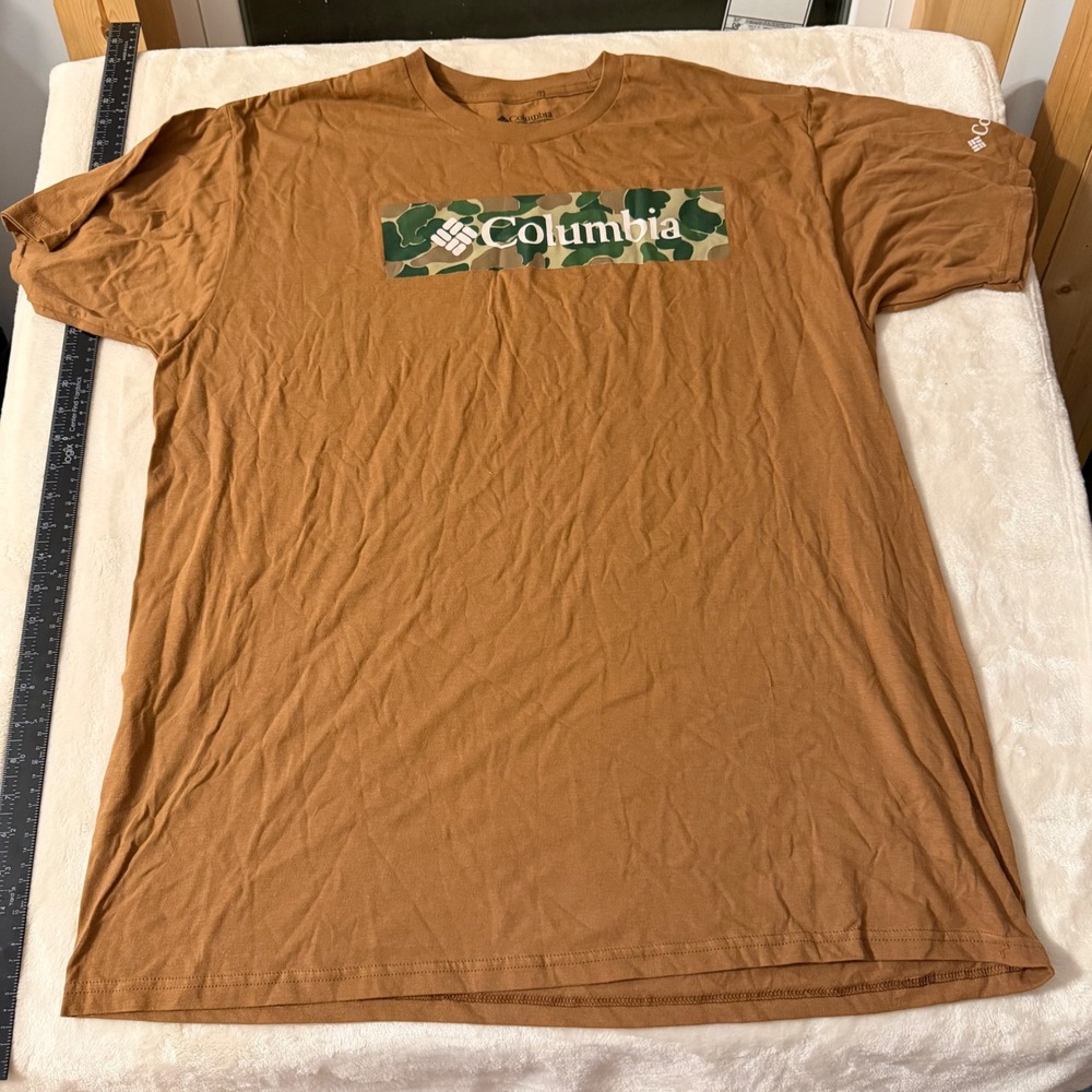 Columbia Mens 2XL Brown Camo Box Logo Graphic Short Sleeve T-Shirt Cotton